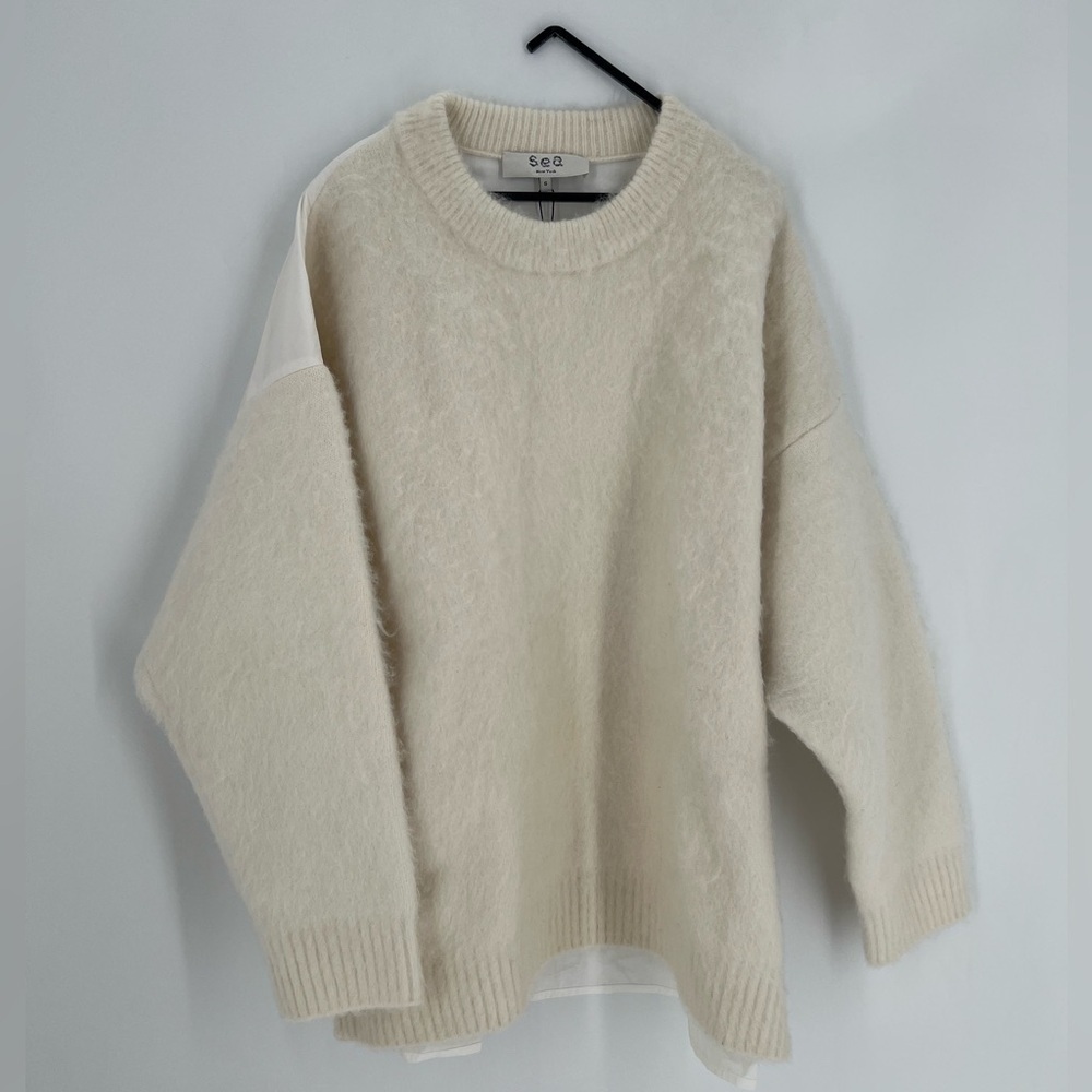 Sea New York Devana Mixed Media Alpaca Wool Blend Fuzzy Knit Combo Top In White